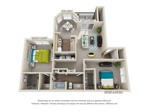 Floor plan for 2 beds, 1 bath, 940 sqft